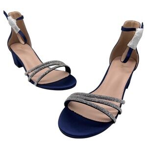 NEW Allegra K Sandals Womens 8.5 Blue Rhinestone Strappy Block Heel‎ Ankle Strap